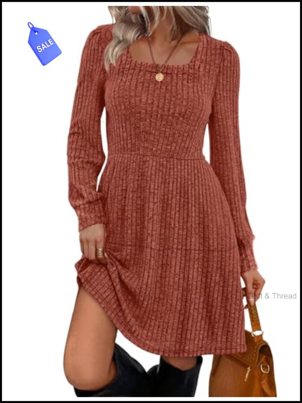 Square Neck Long Sleeve Babydoll Sweater Dress Casual Fall Tunic Dress